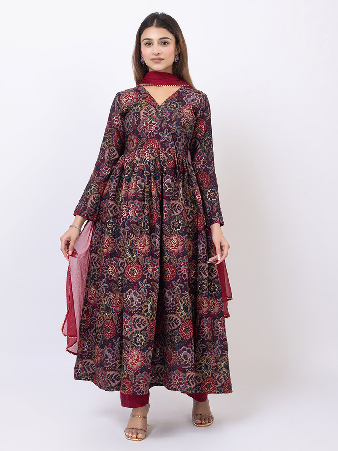 Tillaari Burgundy Floral Printed Kurta Set