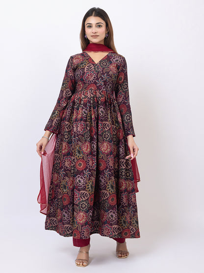 Tillaari Burgundy Floral Printed Kurta Set