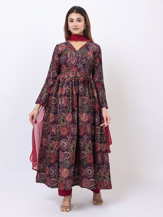 Tillaari Burgundy Floral Printed Kurta Set