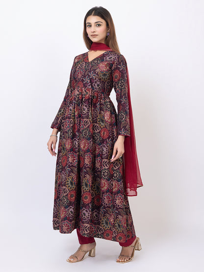 Tillaari Burgundy Floral Printed Kurta Set