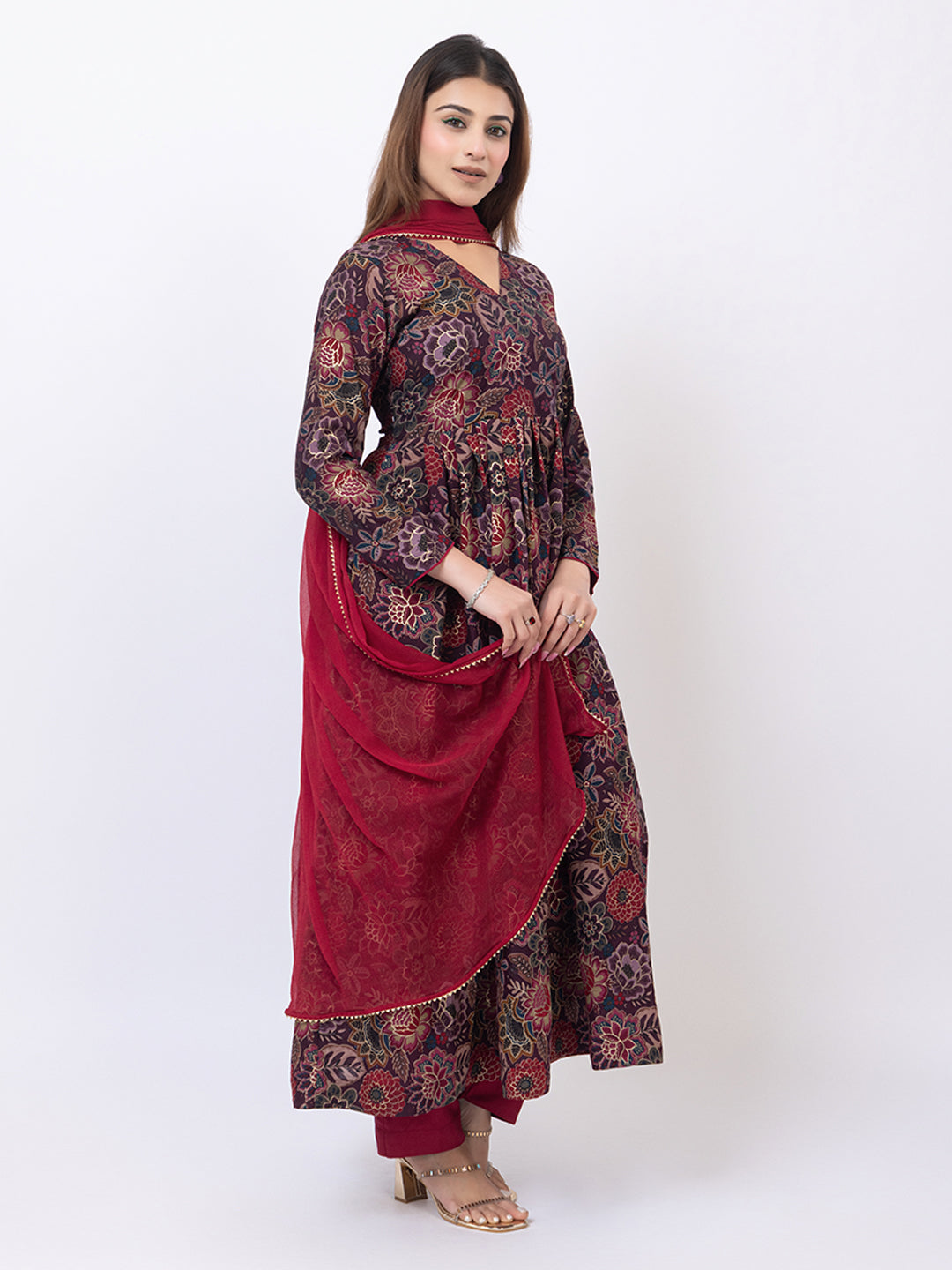 Tillaari Burgundy Floral Printed Kurta Set