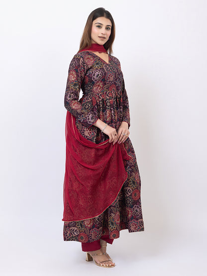 Tillaari Burgundy Floral Printed Kurta Set