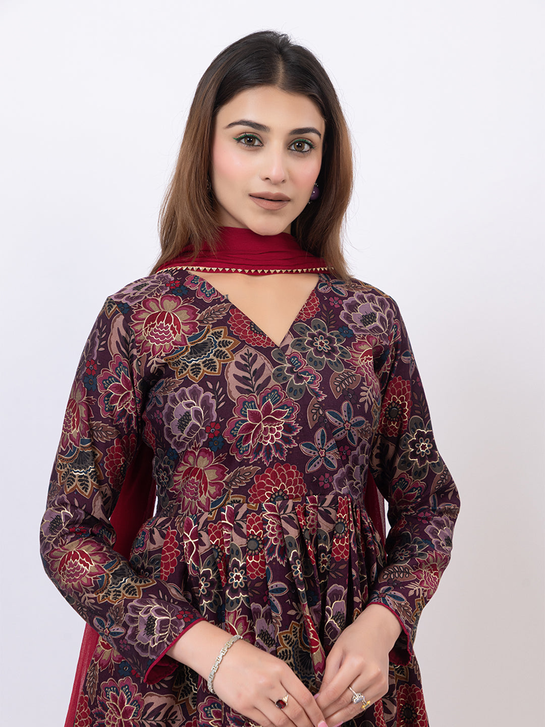 Tillaari Burgundy Floral Printed Kurta Set