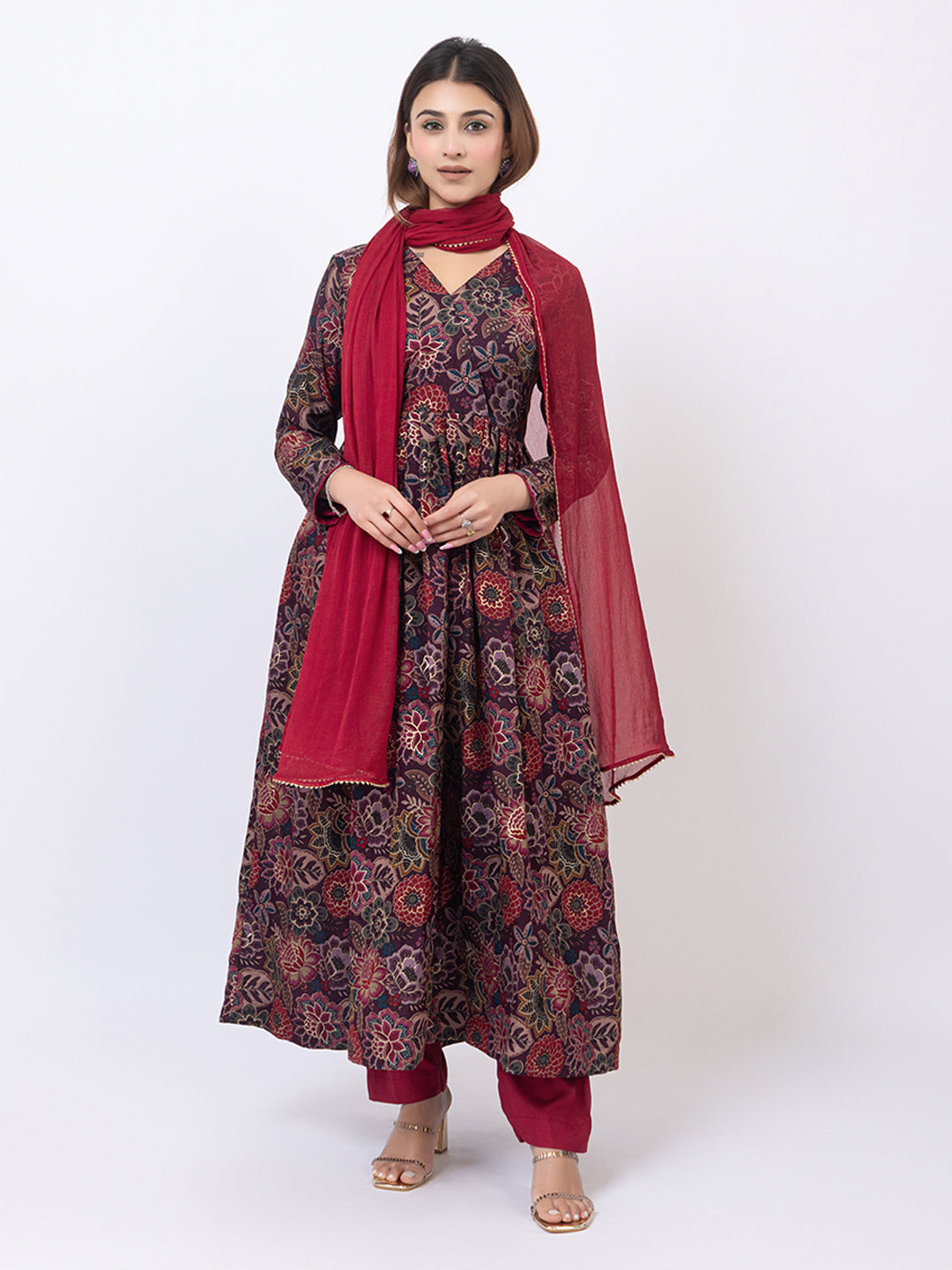 Tillaari Burgundy Floral Printed Kurta Set