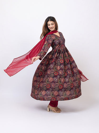Tillaari Burgundy Floral Printed Kurta Set