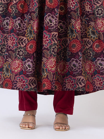 Tillaari Burgundy Floral Printed Kurta Set