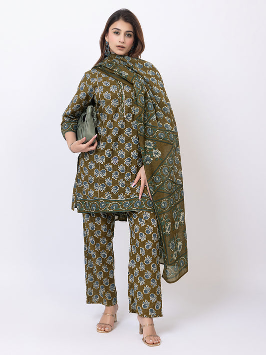 Tillaari Olive Floral Boota Cotton Kurta Set
