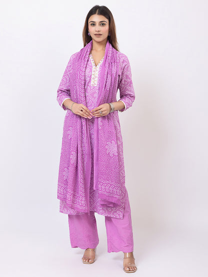 Tillaari Lavender Bandhani Printed Straight Kurta Set with Dupatta