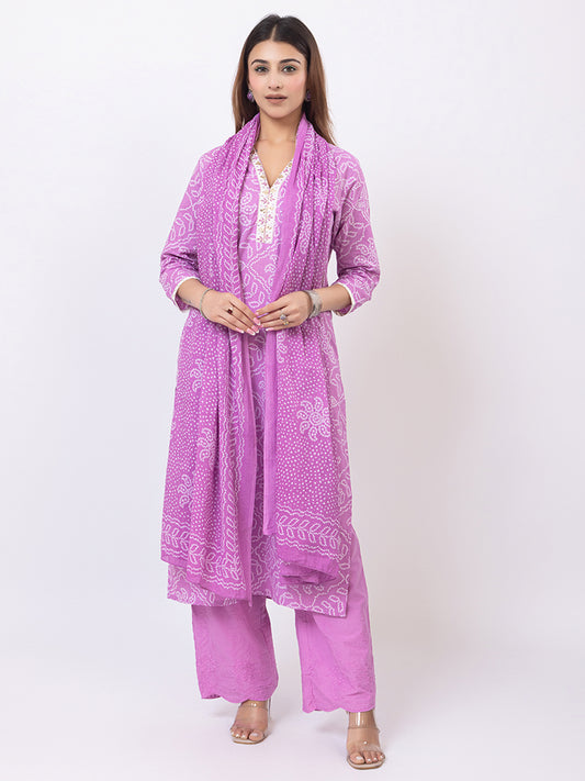 Tillaari Lavender Bandhani Printed Straight Kurta Set with Dupatta