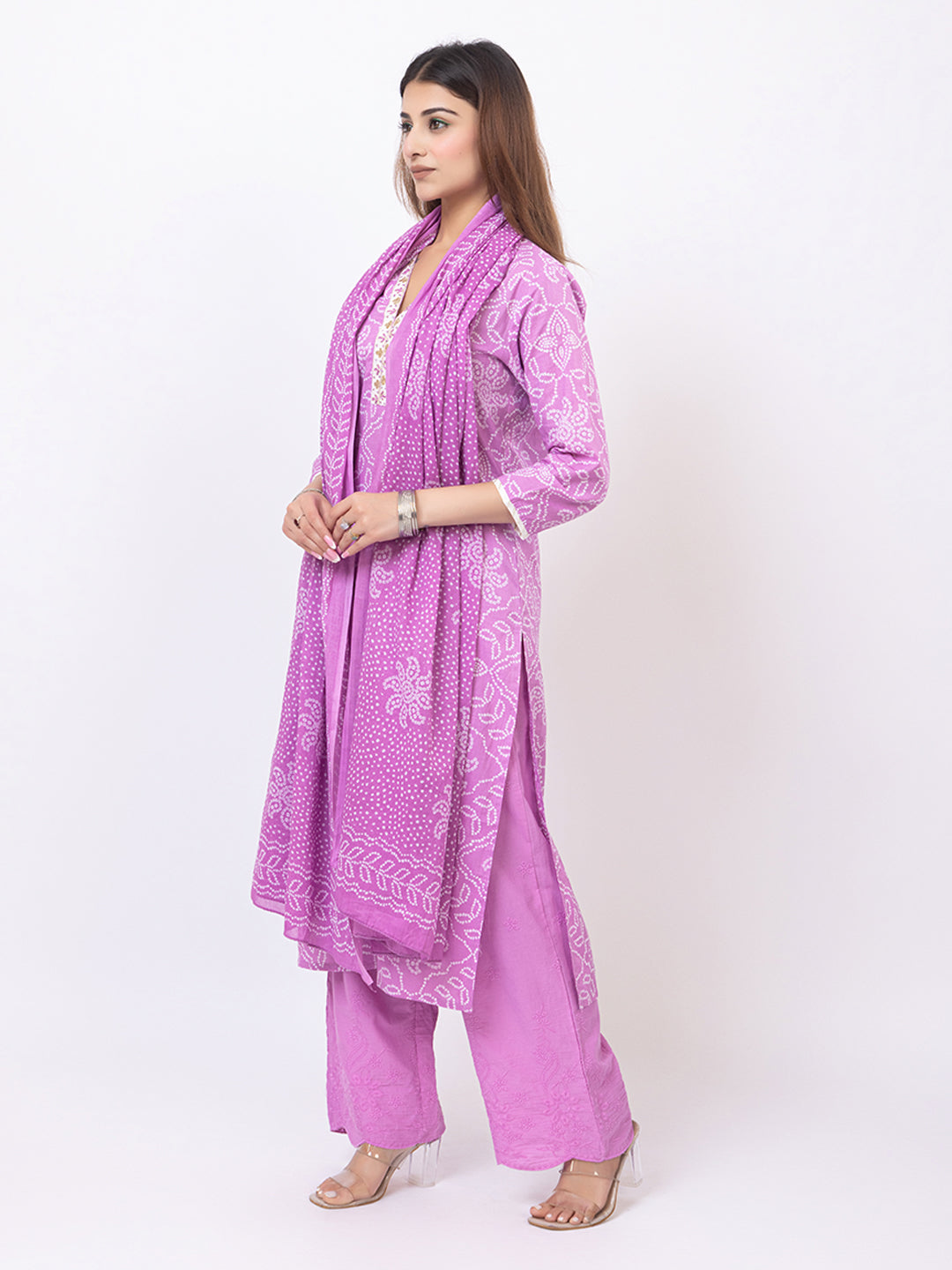 Tillaari Lavender Bandhani Printed Straight Kurta Set with Dupatta