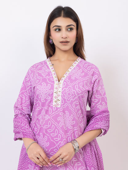 Tillaari Lavender Bandhani Printed Straight Kurta Set with Dupatta