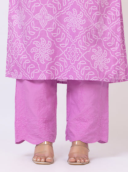 Tillaari Lavender Bandhani Printed Straight Kurta Set with Dupatta