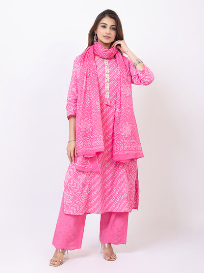 Tillaari Pink Bandhani Printed Straight Kurta Set with Dupatta