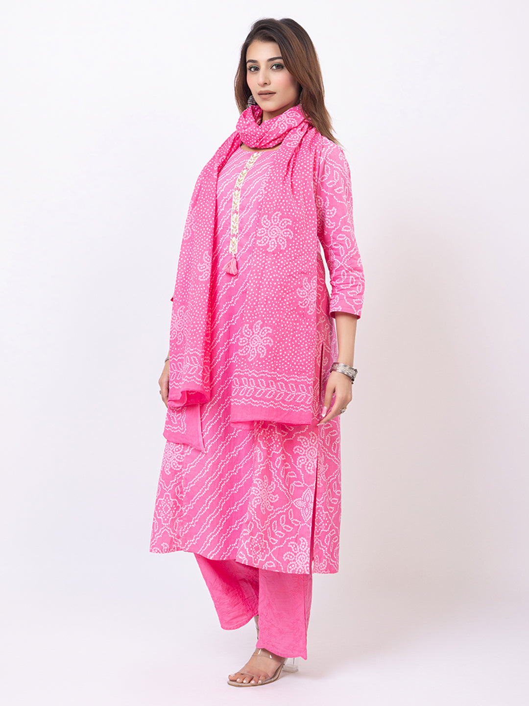 Tillaari Pink Bandhani Printed Straight Kurta Set with Dupatta