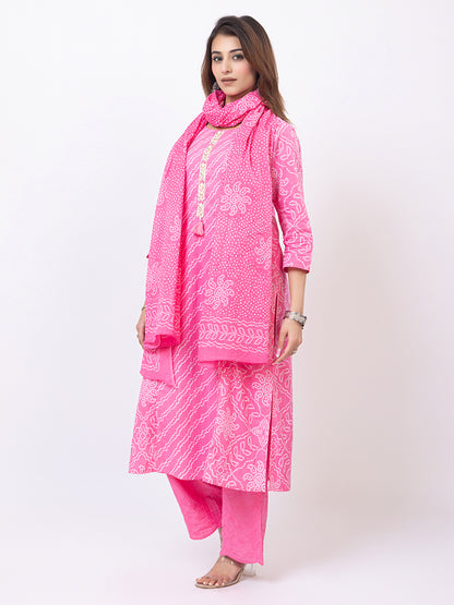 Tillaari Pink Bandhani Printed Straight Kurta Set with Dupatta