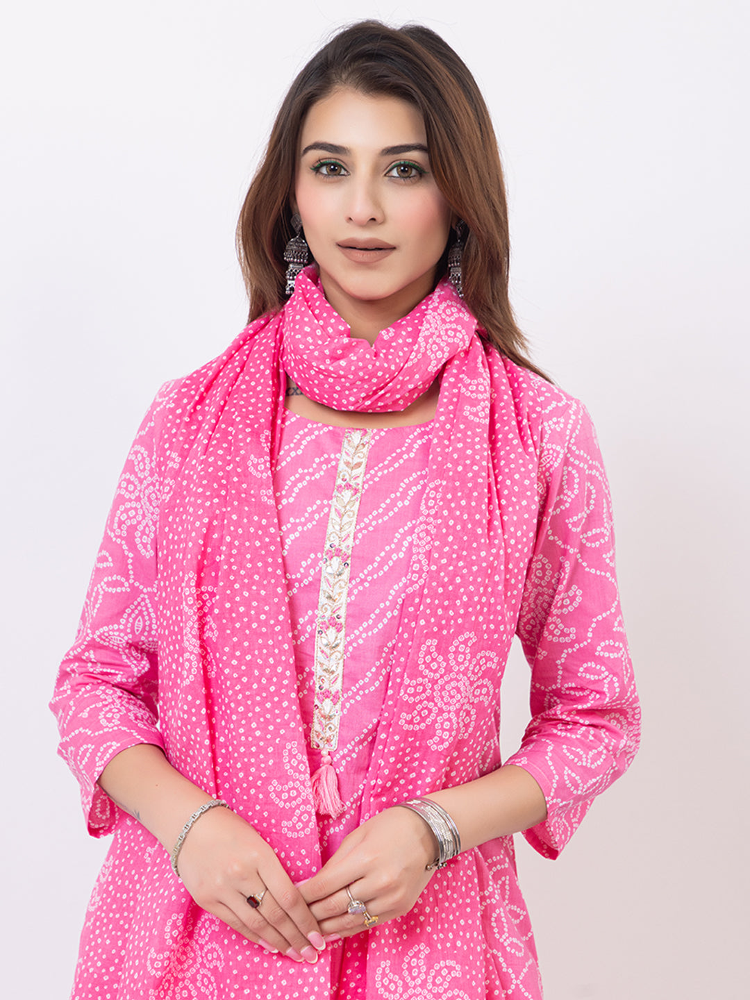 Tillaari Pink Bandhani Printed Straight Kurta Set with Dupatta