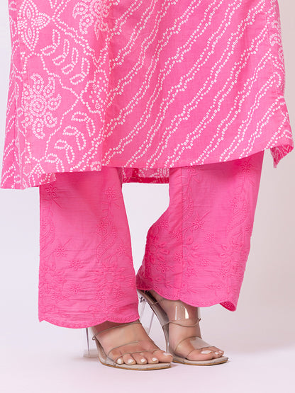 Tillaari Pink Bandhani Printed Straight Kurta Set with Dupatta