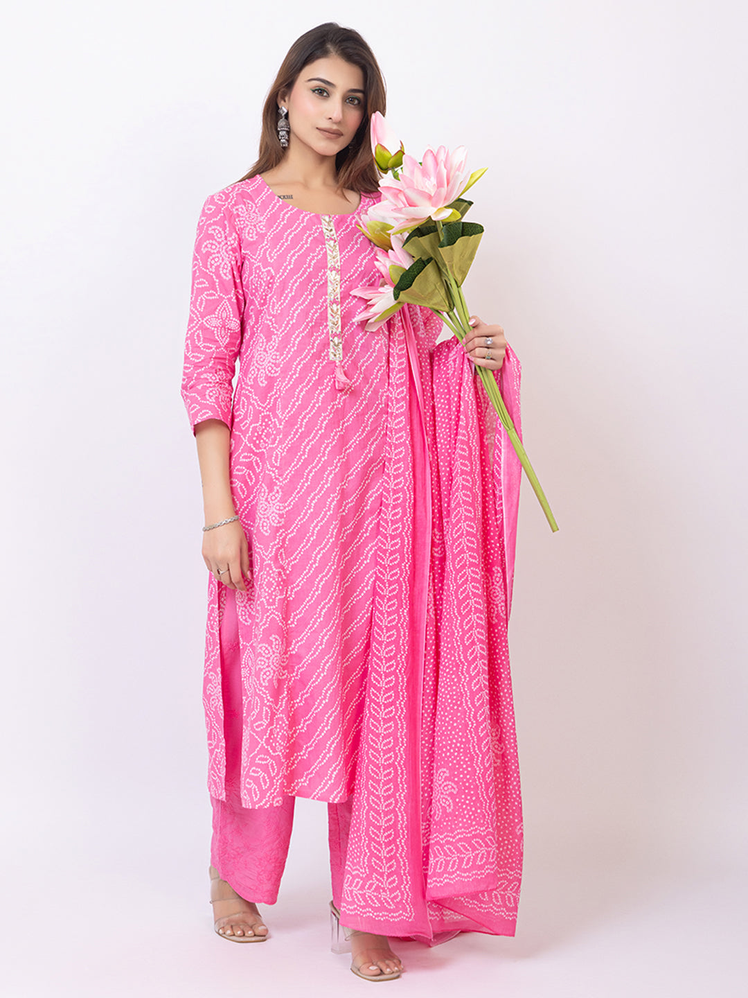 Tillaari Pink Bandhani Printed Straight Kurta Set with Dupatta