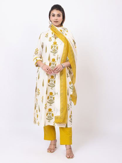 Tillaari Cream & Yellow Genda Floral Printed Straight Kurta Set with Dupatta