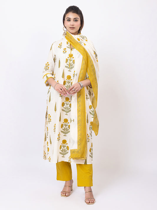 Tillaari Cream & Yellow Genda Floral Printed Straight Kurta Set with Dupatta