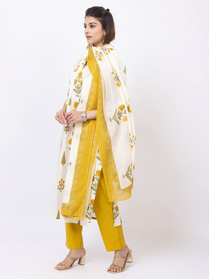 Tillaari Cream & Yellow Genda Floral Printed Straight Kurta Set with Dupatta
