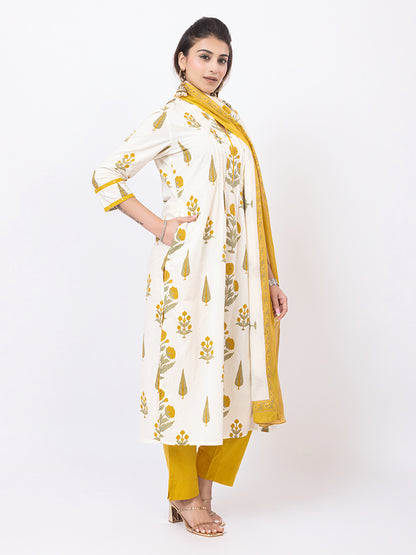 Tillaari Cream & Yellow Genda Floral Printed Straight Kurta Set with Dupatta