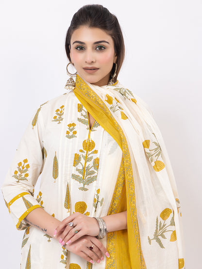 Tillaari Cream & Yellow Genda Floral Printed Straight Kurta Set with Dupatta