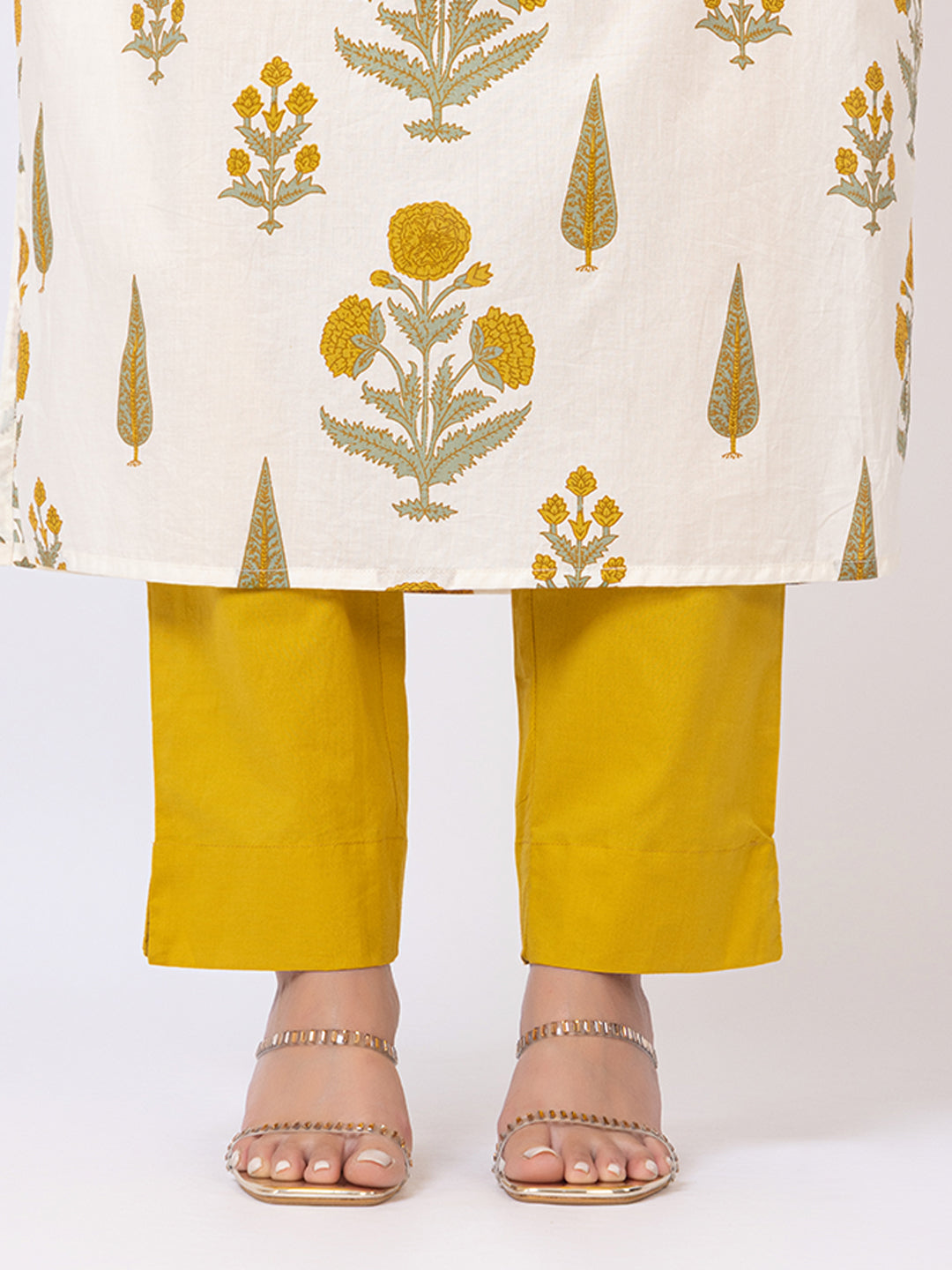 Tillaari Cream & Yellow Genda Floral Printed Straight Kurta Set with Dupatta