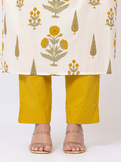 Tillaari Cream & Yellow Genda Floral Printed Straight Kurta Set with Dupatta