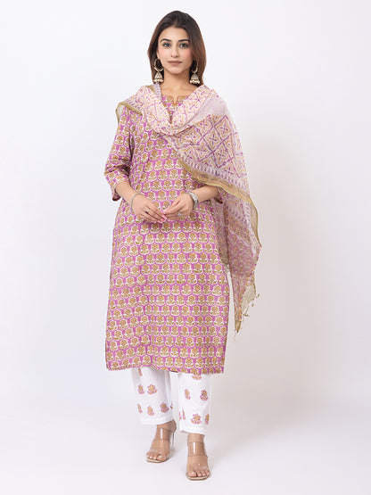 Tillaari Lavender Printed Straight Kurta Set with Kota Doriya Dupatta