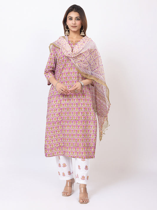 Tillaari Lavender Printed Straight Kurta Set with Kota Doriya Dupatta
