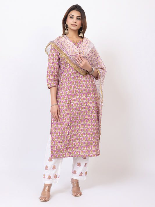 Tillaari Lavender Printed Straight Kurta Set with Kota Doriya Dupatta