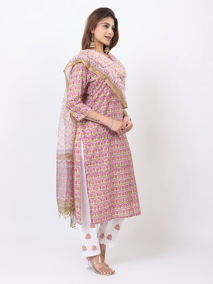 Tillaari Lavender Printed Straight Kurta Set with Kota Doriya Dupatta