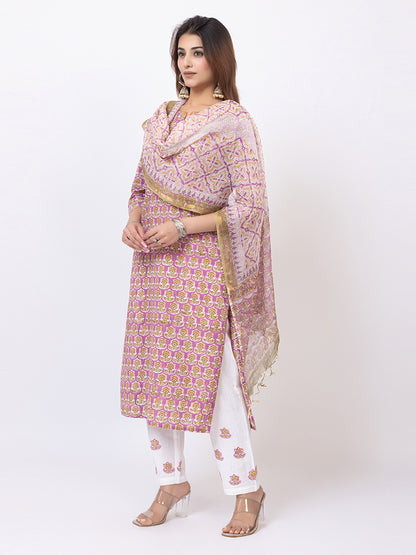 Tillaari Lavender Printed Straight Kurta Set with Kota Doriya Dupatta