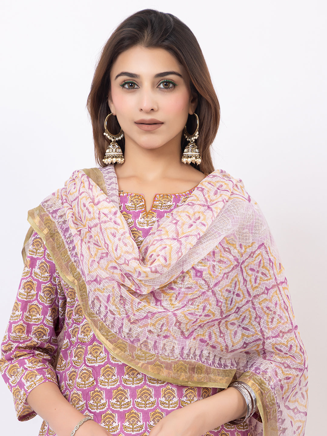 Tillaari Lavender Printed Straight Kurta Set with Kota Doriya Dupatta