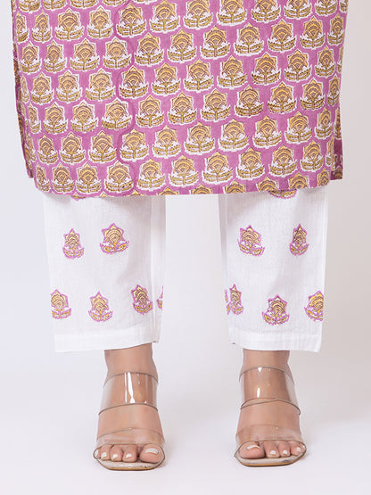 Tillaari Lavender Printed Straight Kurta Set with Kota Doriya Dupatta