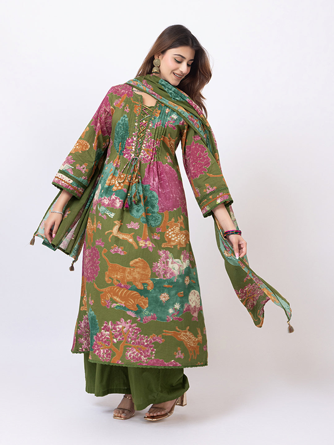 Tillaari Olive Green Printed Straight Kurta Set with Dupatta