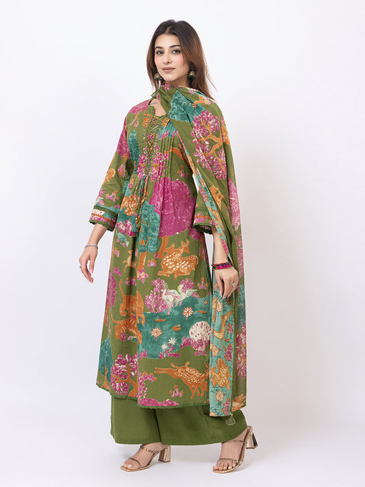 Tillaari Olive Green Printed Straight Kurta Set with Dupatta
