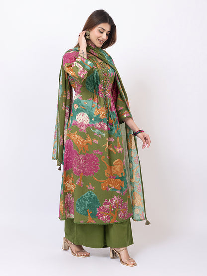 Tillaari Olive Green Printed Straight Kurta Set with Dupatta