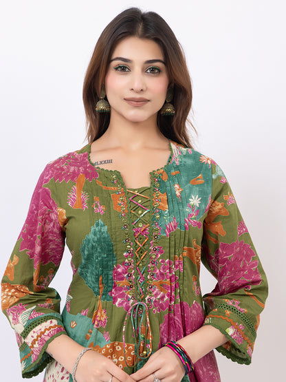 Tillaari Olive Green Printed Straight Kurta Set with Dupatta