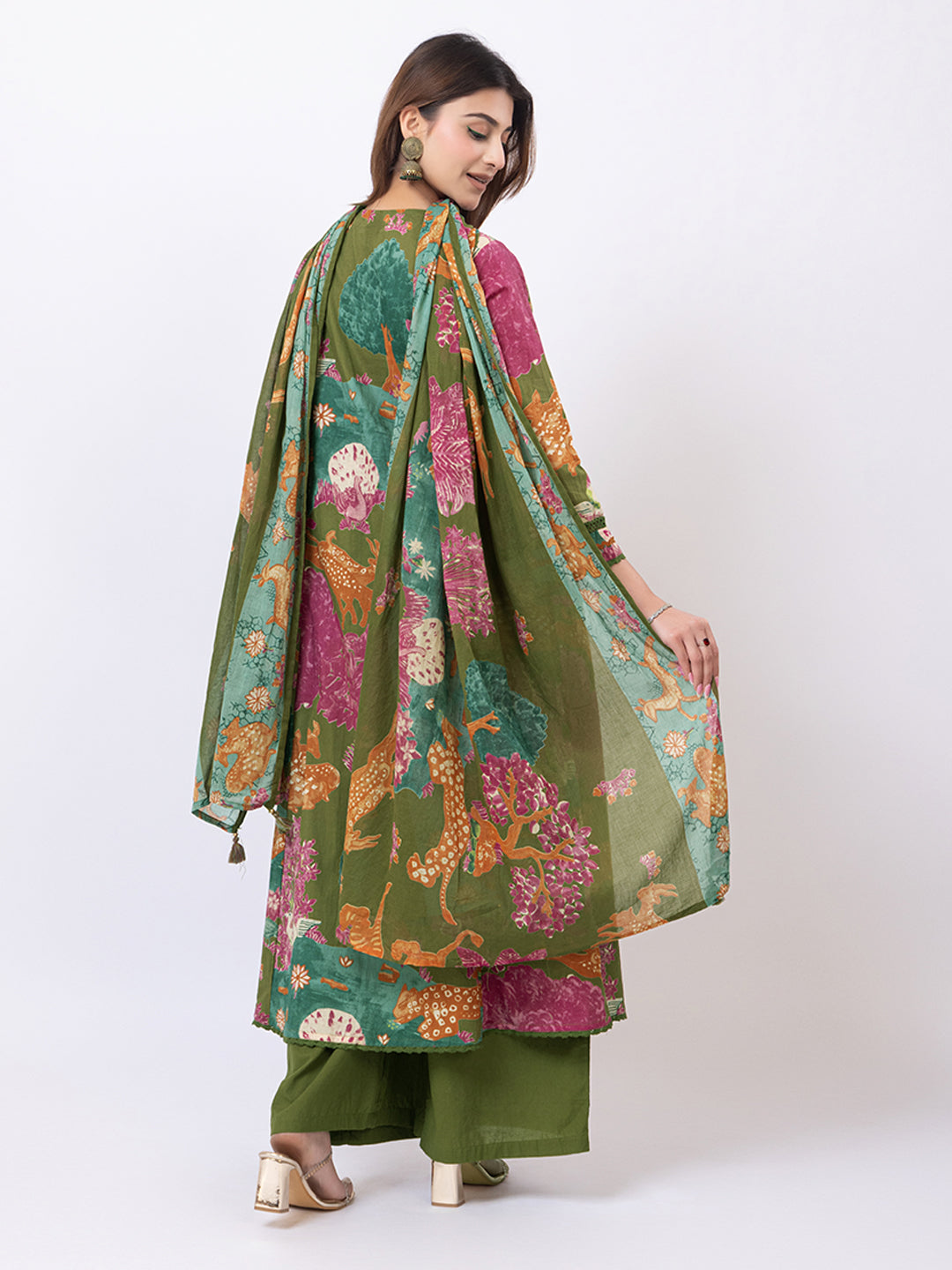 Tillaari Olive Green Printed Straight Kurta Set with Dupatta