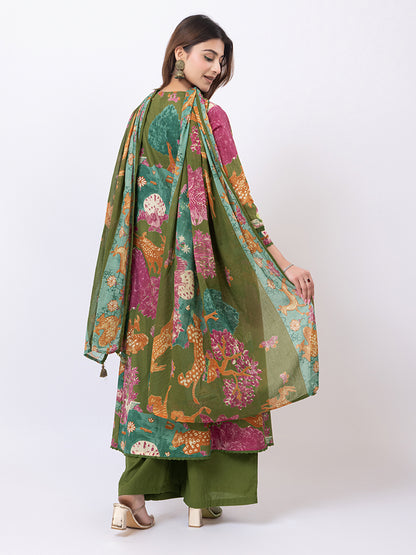 Tillaari Olive Green Printed Straight Kurta Set with Dupatta
