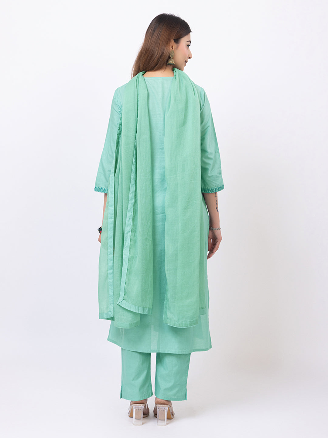 Tillaari Mint Green Embroidered Straight Kurta Set with Dupatta