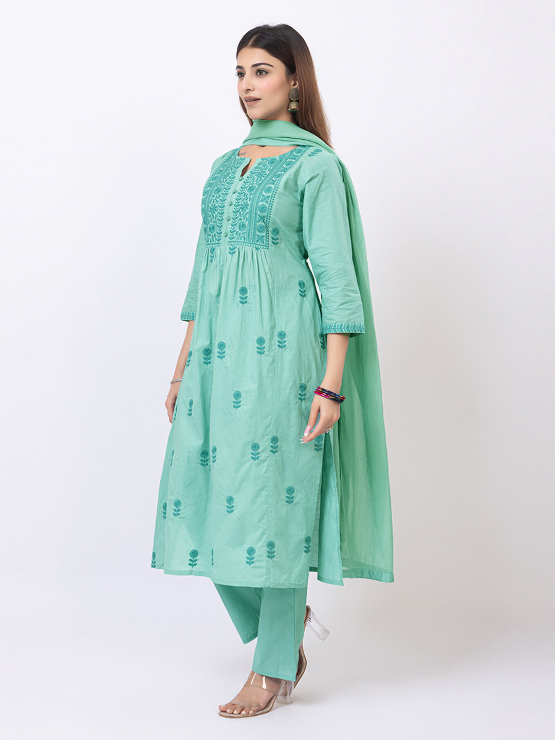 Tillaari Mint Green Embroidered Straight Kurta Set with Dupatta