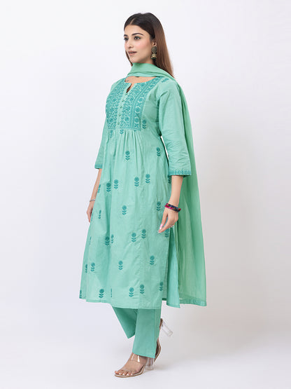 Tillaari Mint Green Embroidered Straight Kurta Set with Dupatta