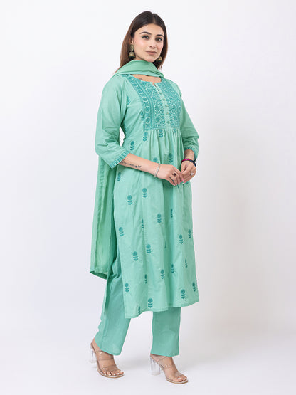 Tillaari Mint Green Embroidered Straight Kurta Set with Dupatta