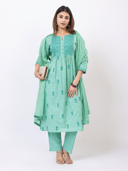Tillaari Mint Green Embroidered Straight Kurta Set with Dupatta