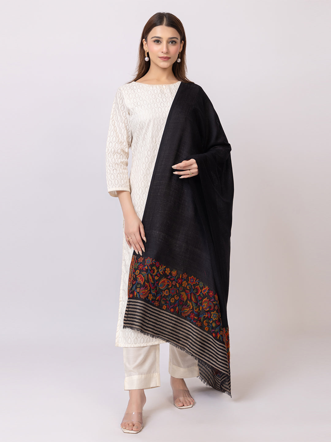 Tillaari Black Stole with Striped Edge and Multicolor Floral Border