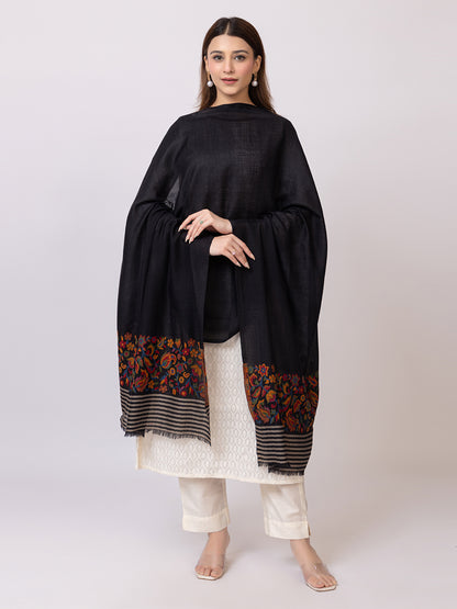Tillaari Black Stole with Striped Edge and Multicolor Floral Border