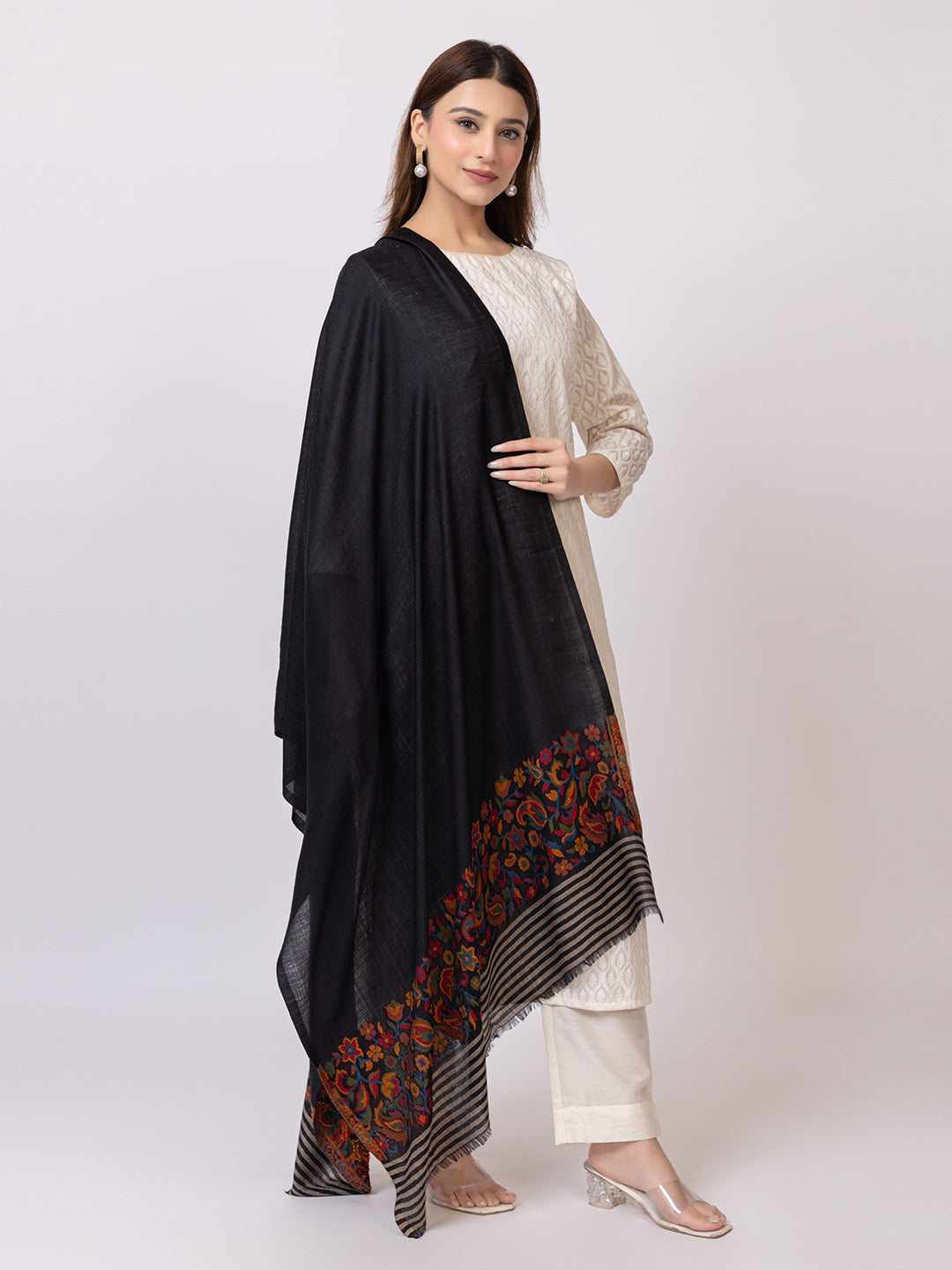 Tillaari Black Stole with Striped Edge and Multicolor Floral Border